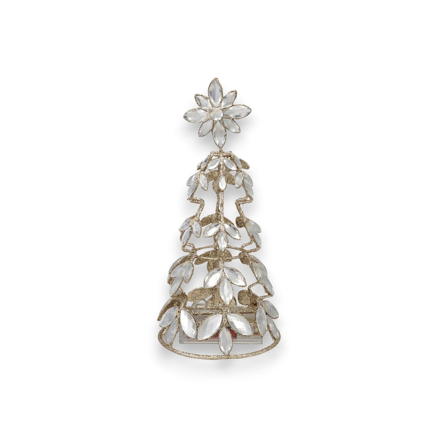 Mellow Monkey champagne gold metal tree with acrylic jewels and glitter, featuring a floral topper and LED light.