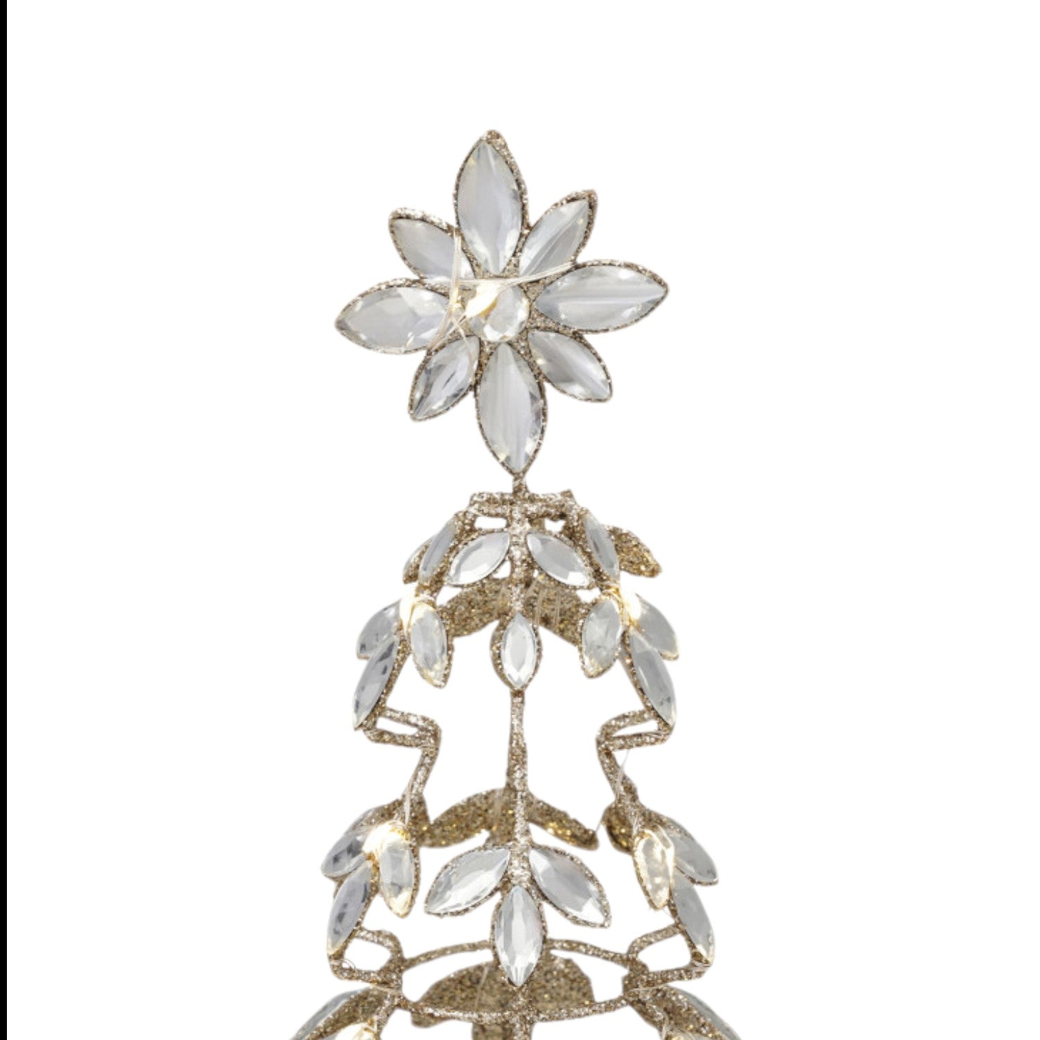 Mellow Monkey champagne gold metal tree with acrylic jewel leaves, glitter finish, and a floral topper with LED light