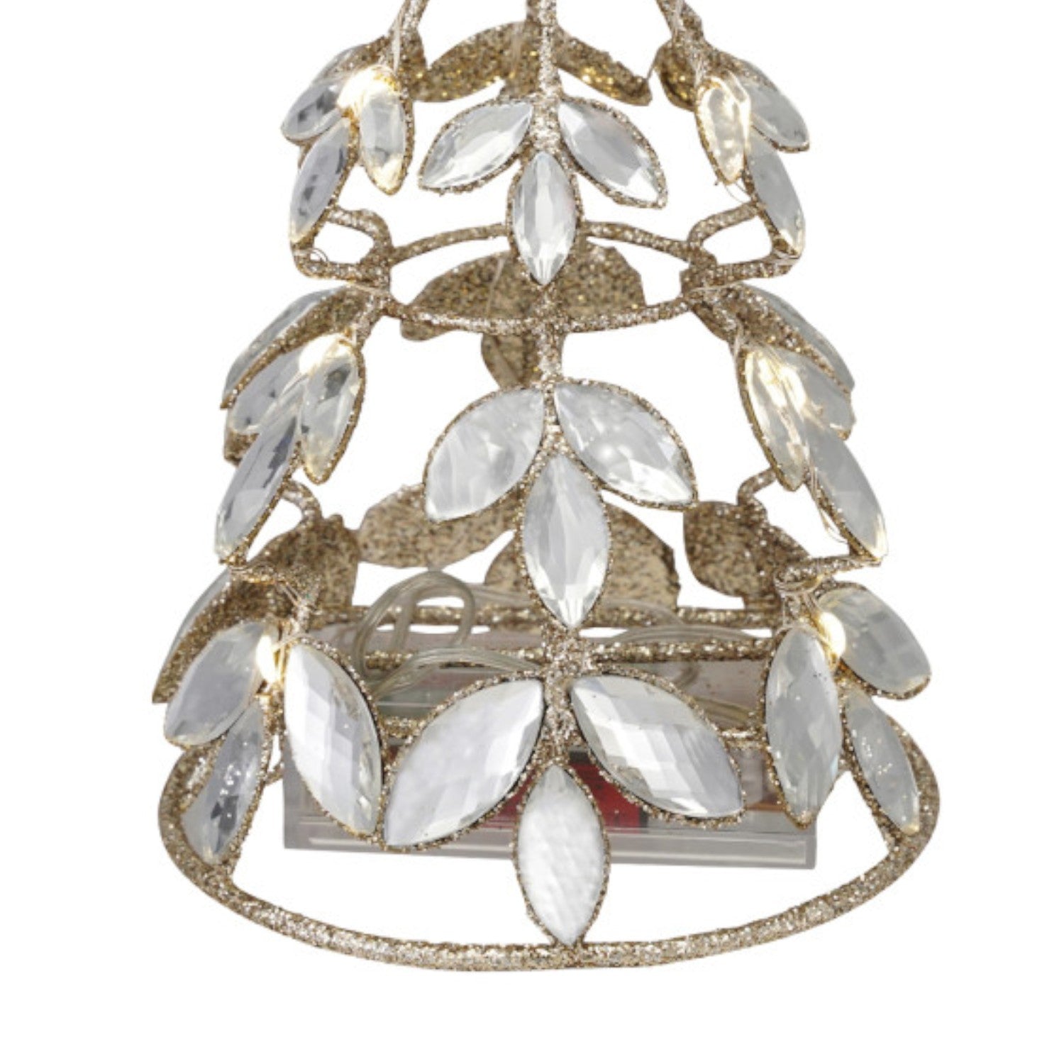 Mellow Monkey champagne gold metal tree with clear acrylic jewel leaves and warm LED lights for elegant home decor