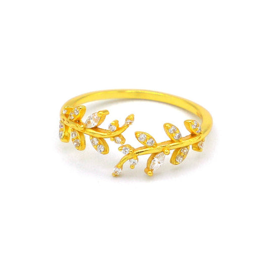 Mellow Monkey 18k gold vermeil adjustable ring with cubic zirconia leaf design.
