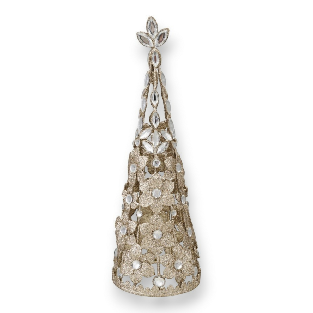 Mellow Monkey cone-shaped metal tree in antiqued gold with sparkling acrylic jewels and glitter accents.