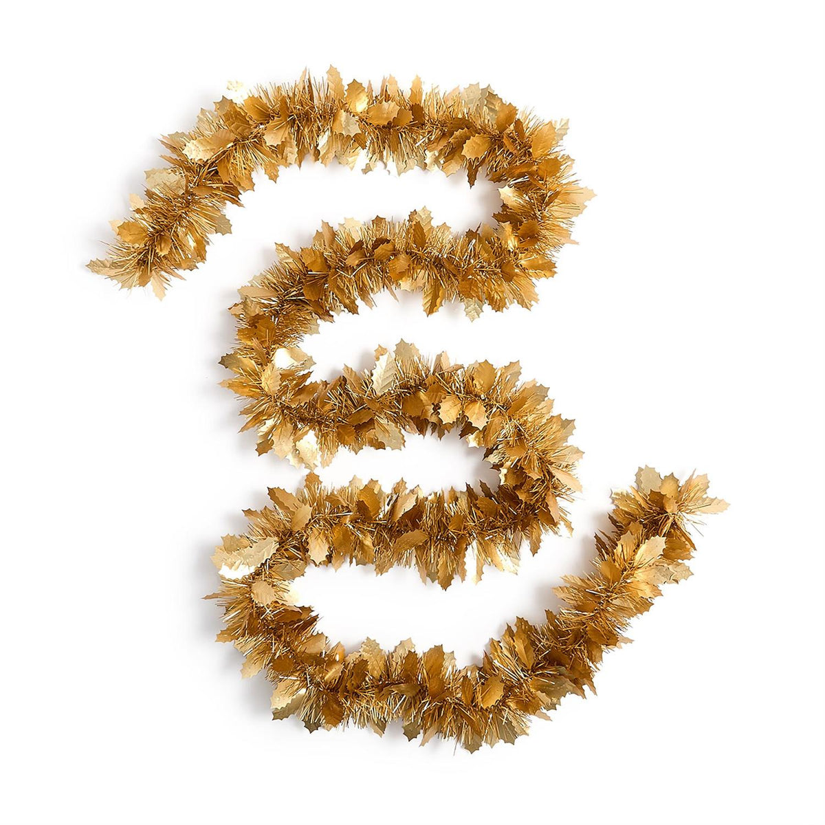 Mellow Monkey 12-foot gold metallic holly leaf garland with shimmering tinsel texture for festive holiday decor