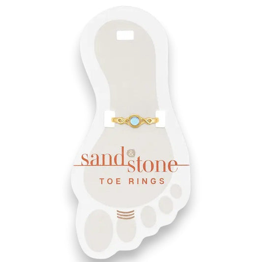 Mellow Monkey Gold Moonstone toe ring with a twisted band and a light blue stone. Stainless steel, water-resistant.
