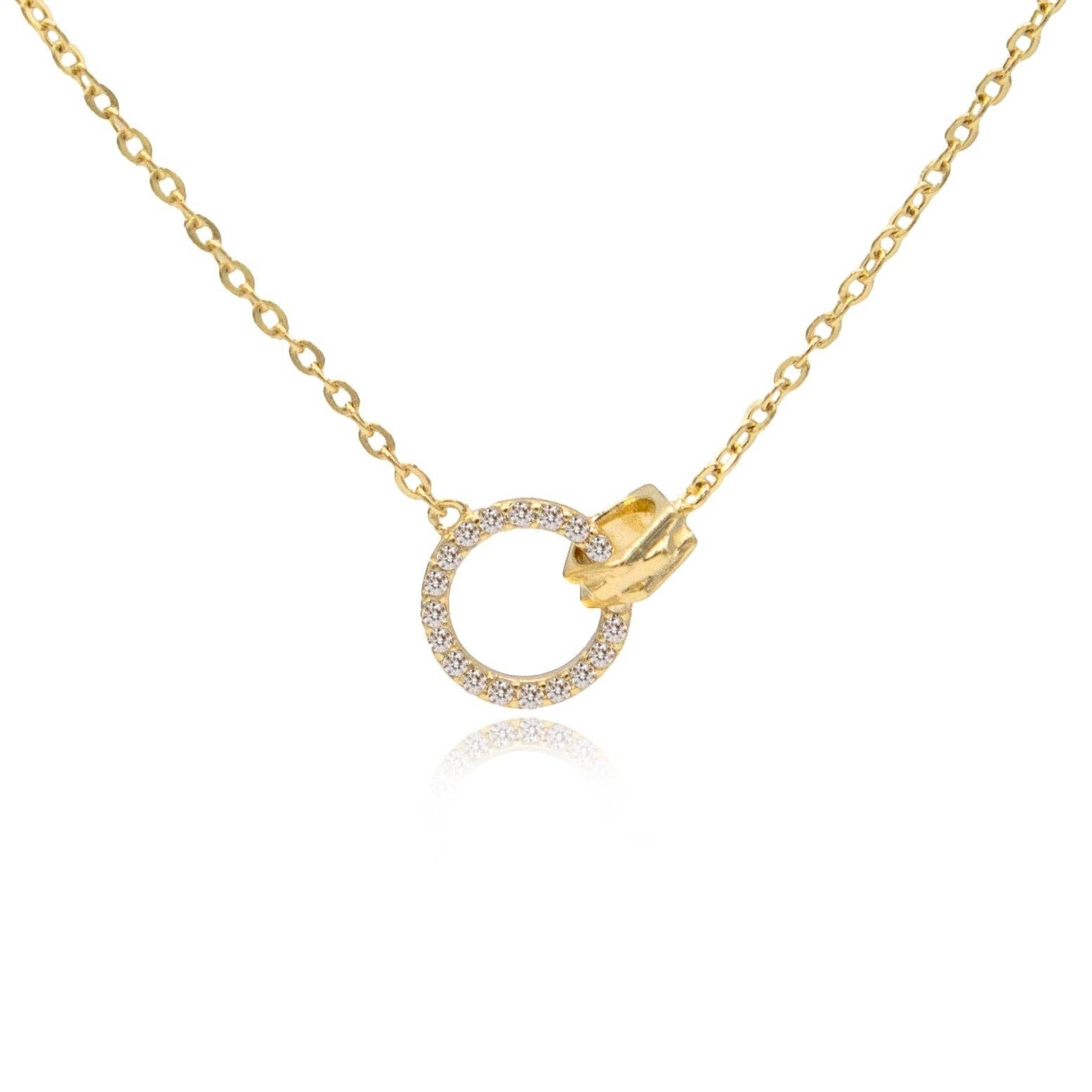 Mellow Monkey 18k gold plated necklace with interlocking CZ-encrusted rings and a textured gold accent.