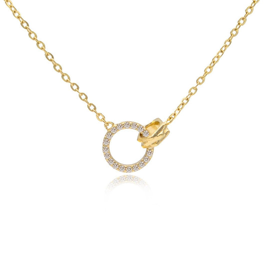 Mellow Monkey 18k gold plated necklace with interlocking CZ-encrusted rings and a textured gold accent.
