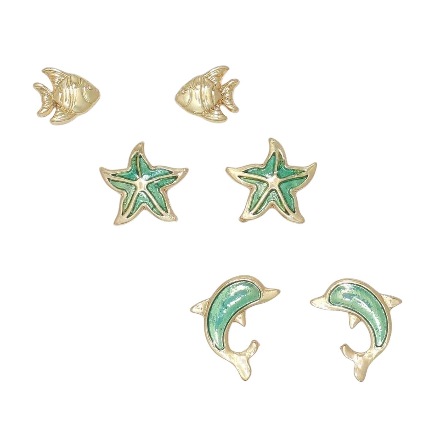 Mellow Monkey gold-tone ocean-themed stud earrings featuring fish, starfish, and dolphin designs with green enamel.