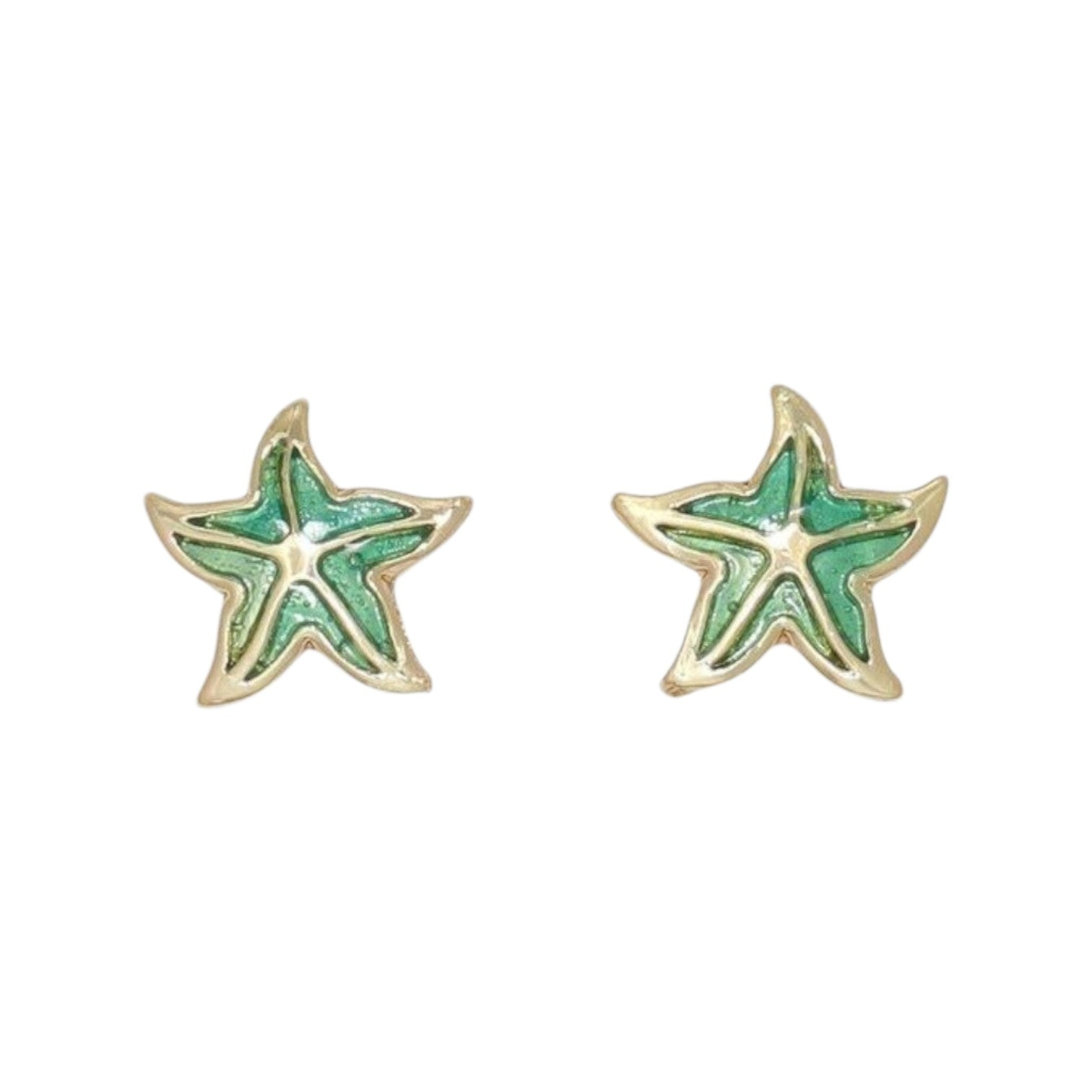 Mellow Monkey gold-tone stud earring trio featuring fish, starfish, and dolphin designs with green enamel accents.