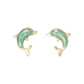 Mellow Monkey gold-tone stud earring trio featuring fish, starfish, and dolphin designs with green enamel accents.