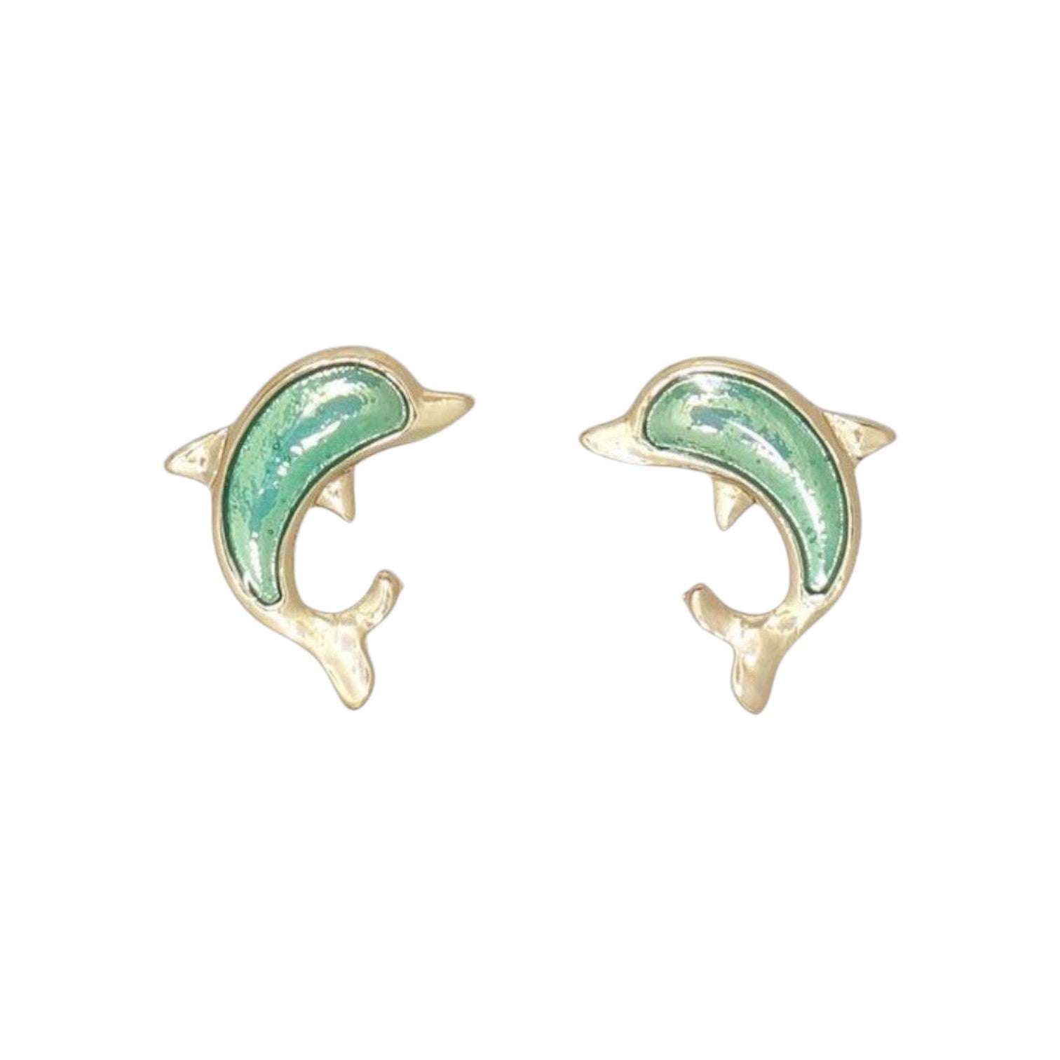 Mellow Monkey gold-tone stud earring trio featuring fish, starfish, and dolphin designs with green enamel accents.