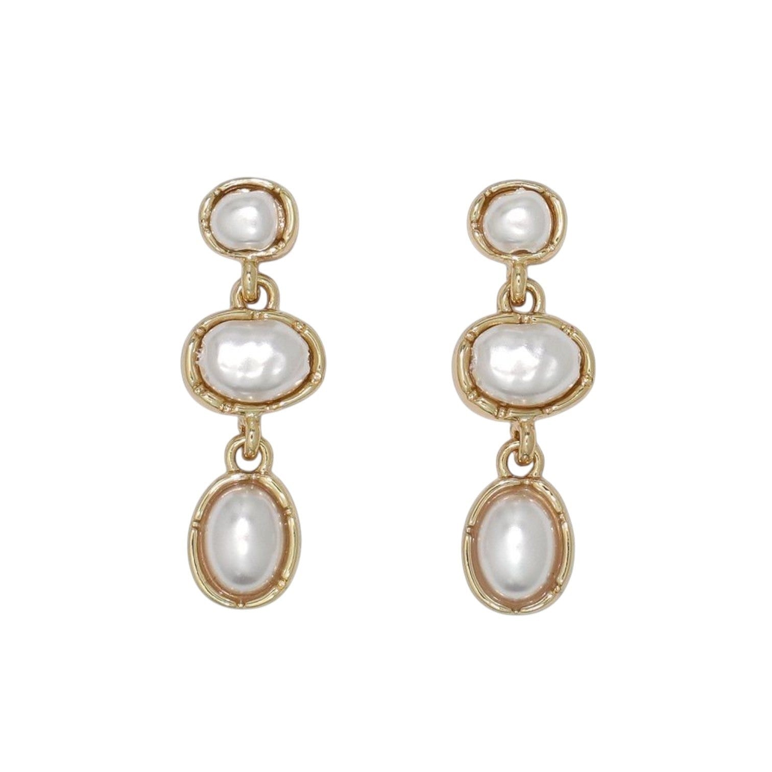 Mellow Monkey gold drop earrings featuring three stacked oval pearls in a coastal, elegant design.