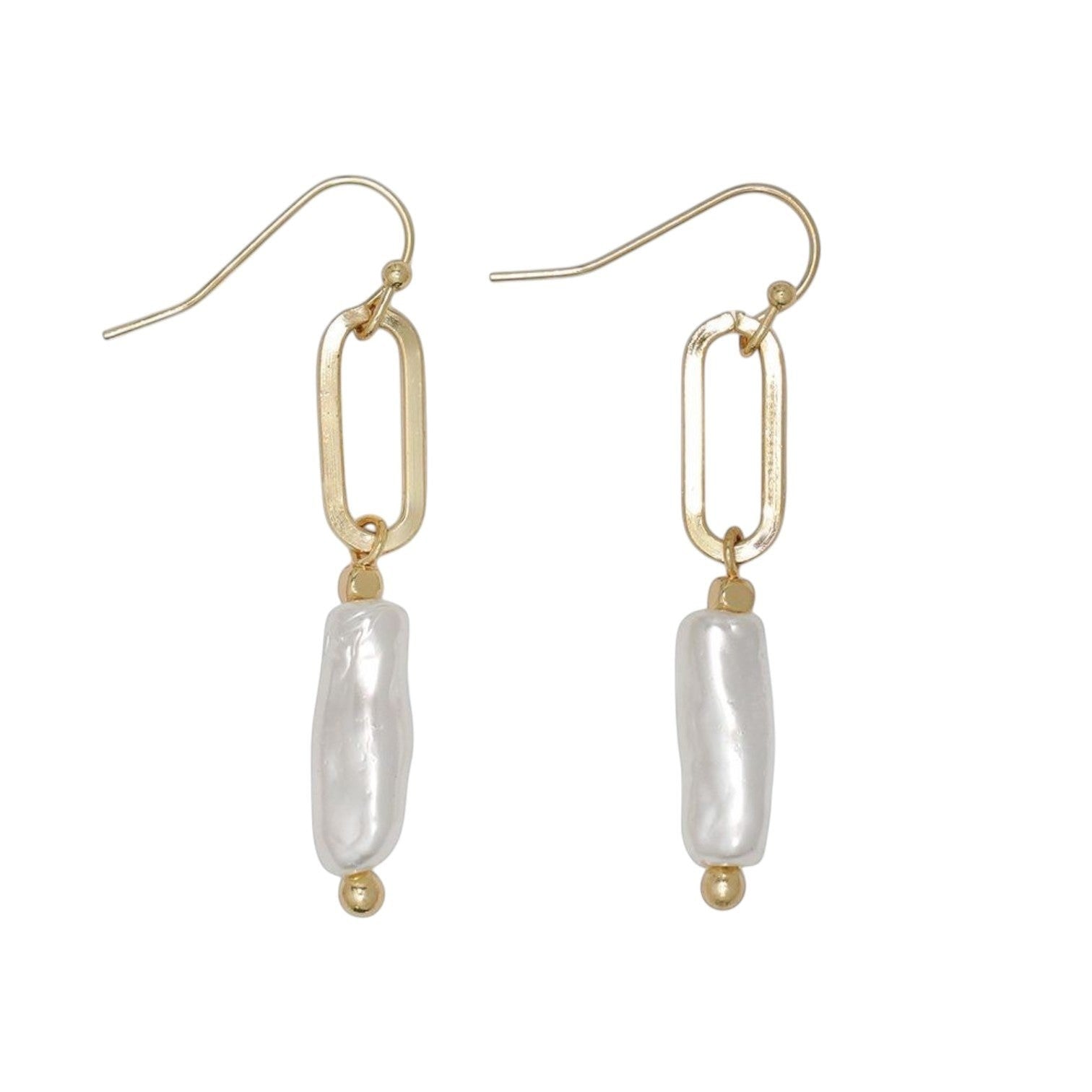 Mellow Monkey linear drop earrings featuring gold oval links and white baroque pearls for a coastal style.
