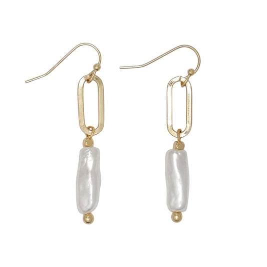 Mellow Monkey linear drop earrings featuring gold oval links and white baroque pearls for a coastal style.