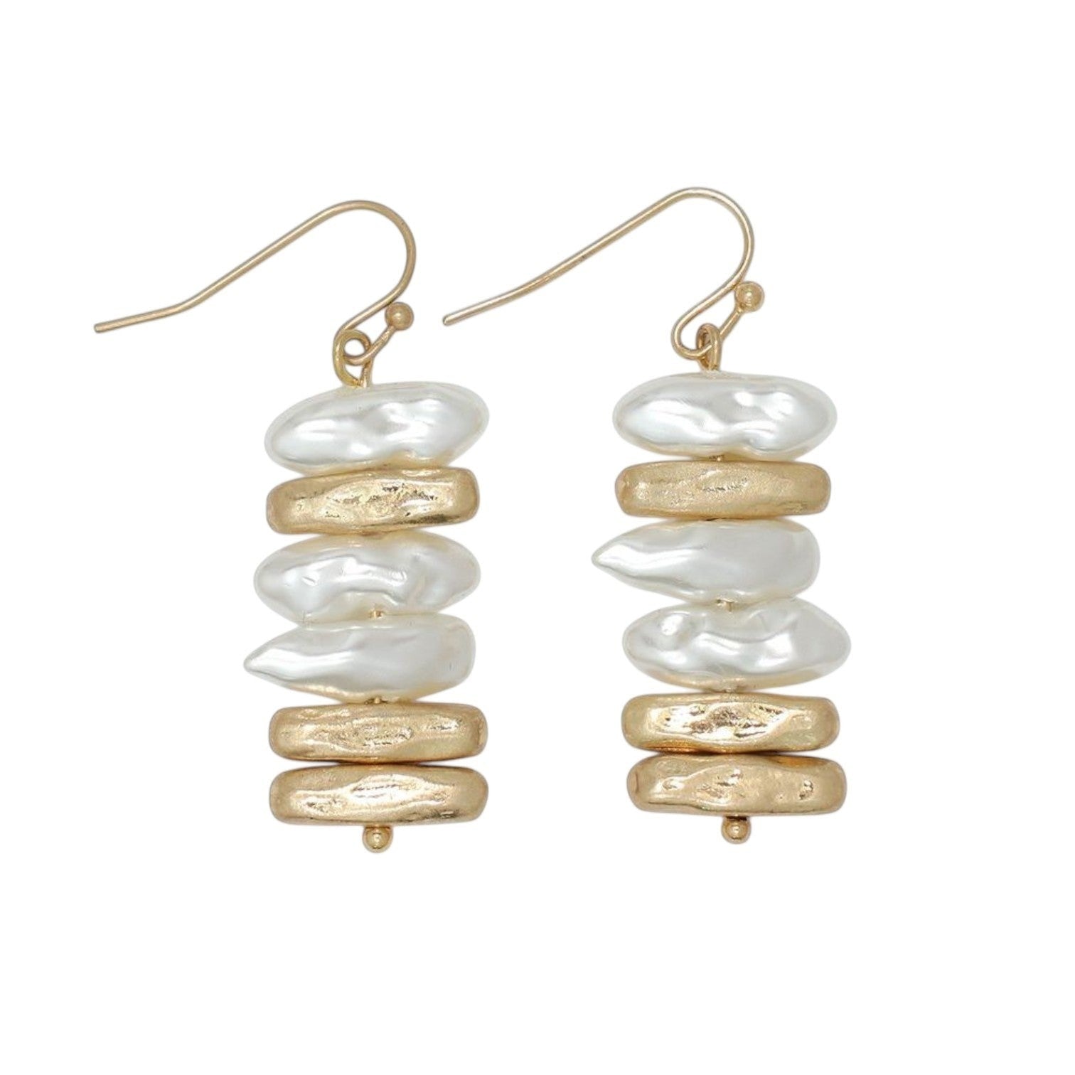 Mellow Monkey gold and white pearl nugget drop earrings with a coastal beachy aesthetic on a white background.