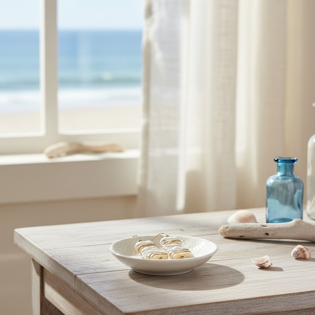Mellow Monkey gold and pearl nugget earrings resting in a small white dish on a wooden table by a sunny beach window.