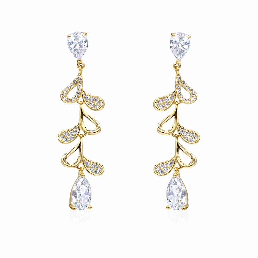 Mellow Monkey Cascade Glow Earrings: 18k gold plated vine design with cubic zirconia and pear-shaped drop.
