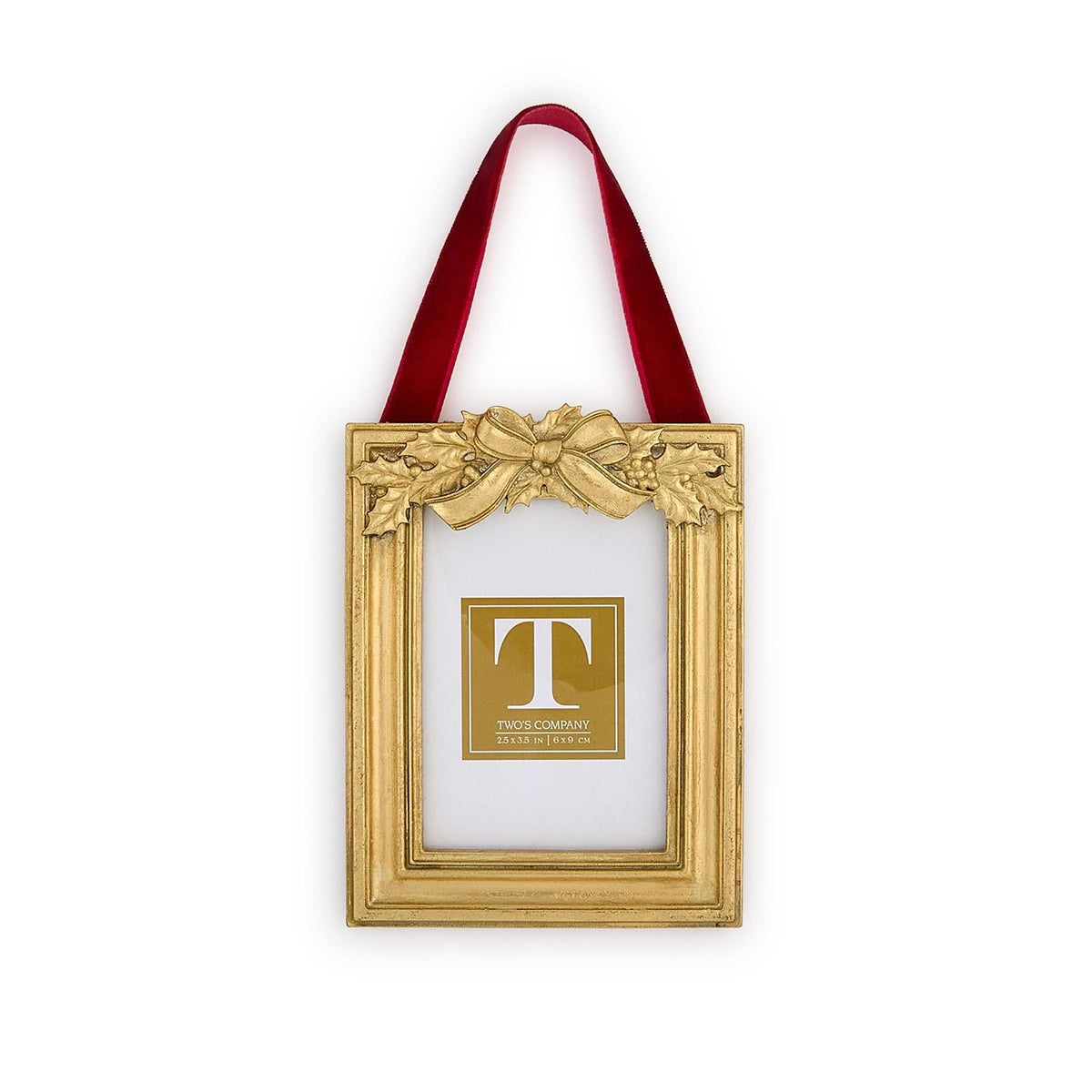 Mellow Monkey rectangular gold holly leaf photo frame ornament with a festive red velvet hanging ribbon