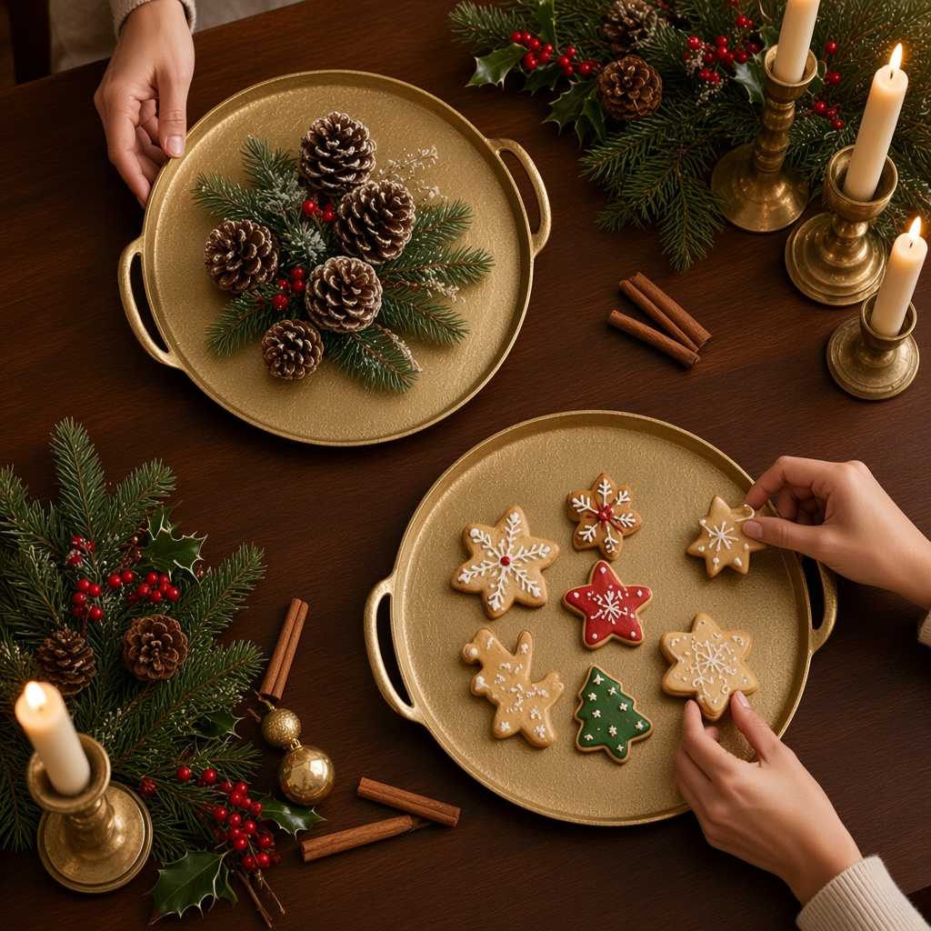 Mellow Monkey gold round trays styled with holiday cookies and pinecones on a dark wooden table
