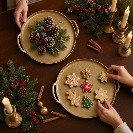 Mellow Monkey gold round trays styled with holiday cookies and pinecones on a dark wooden table