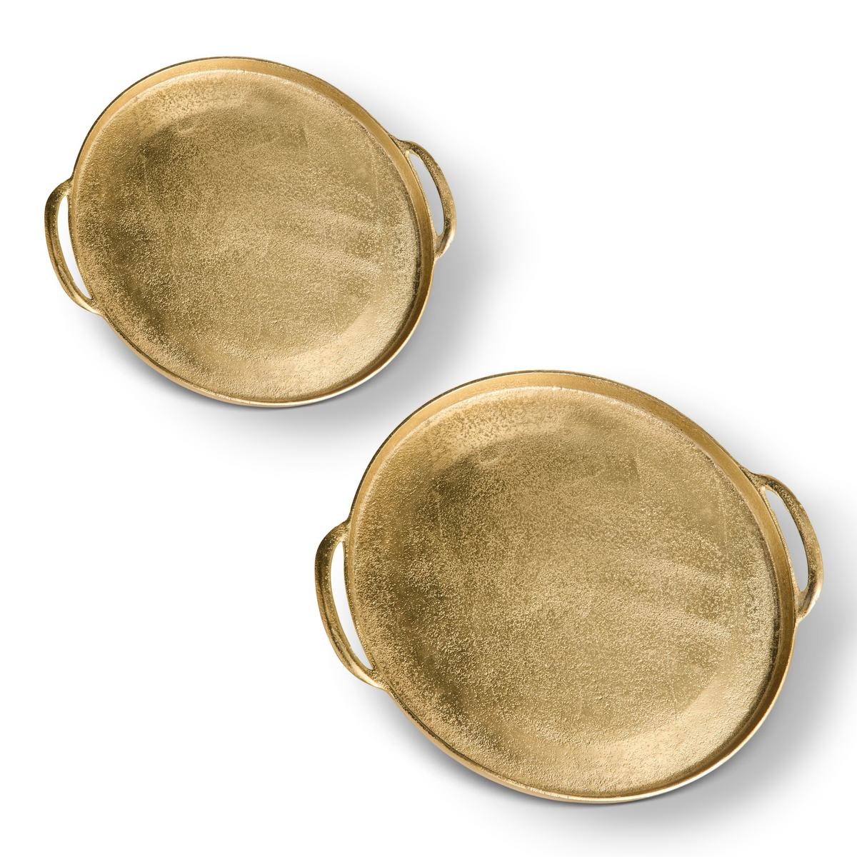 Mellow Monkey gold round serving trays in two sizes with textured surfaces and side handles for holiday entertaining.