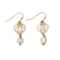 Mellow Monkey gold open scallop shell earrings featuring a dangling white pearl, perfect for coastal beach style.