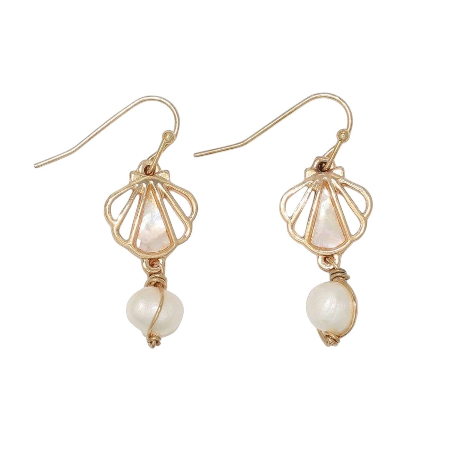 Mellow Monkey gold open scallop shell earrings featuring a dangling white pearl, perfect for coastal beach style.
