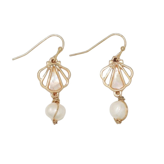 Mellow Monkey gold open scallop shell earrings featuring a dangling white pearl, perfect for coastal beach style.