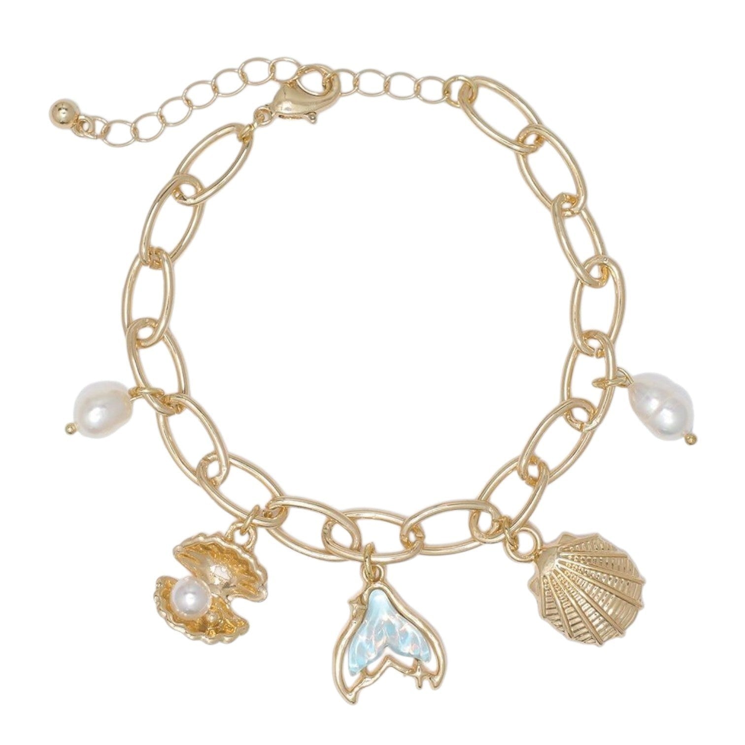 Mellow Monkey gold chain bracelet featuring sea life charms, pearl accents, and a mermaid tail charm.