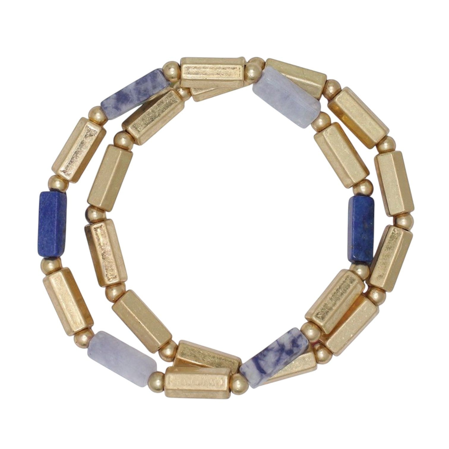 Mellow Monkey gold and blue sodalite bar bead bracelet with a coastal aesthetic, nickel and lead-free.