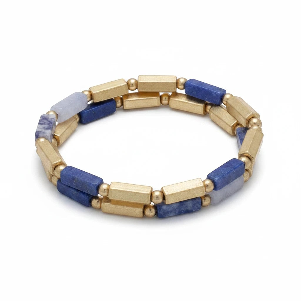 Mellow Monkey gold and blue sodalite bar bead stretch bracelet with coastal style