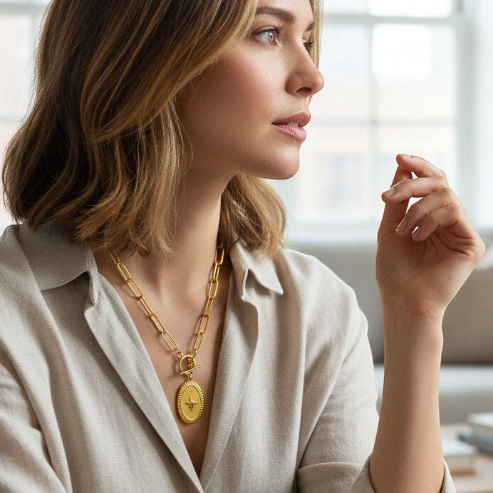 Mellow Monkey 18k gold plated oval starburst necklace with cubic zirconia on an 18-inch chain.
