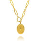 Mellow Monkey 18k gold plated oval starburst pendant necklace with toggle clasp and cubic zirconia detail.
