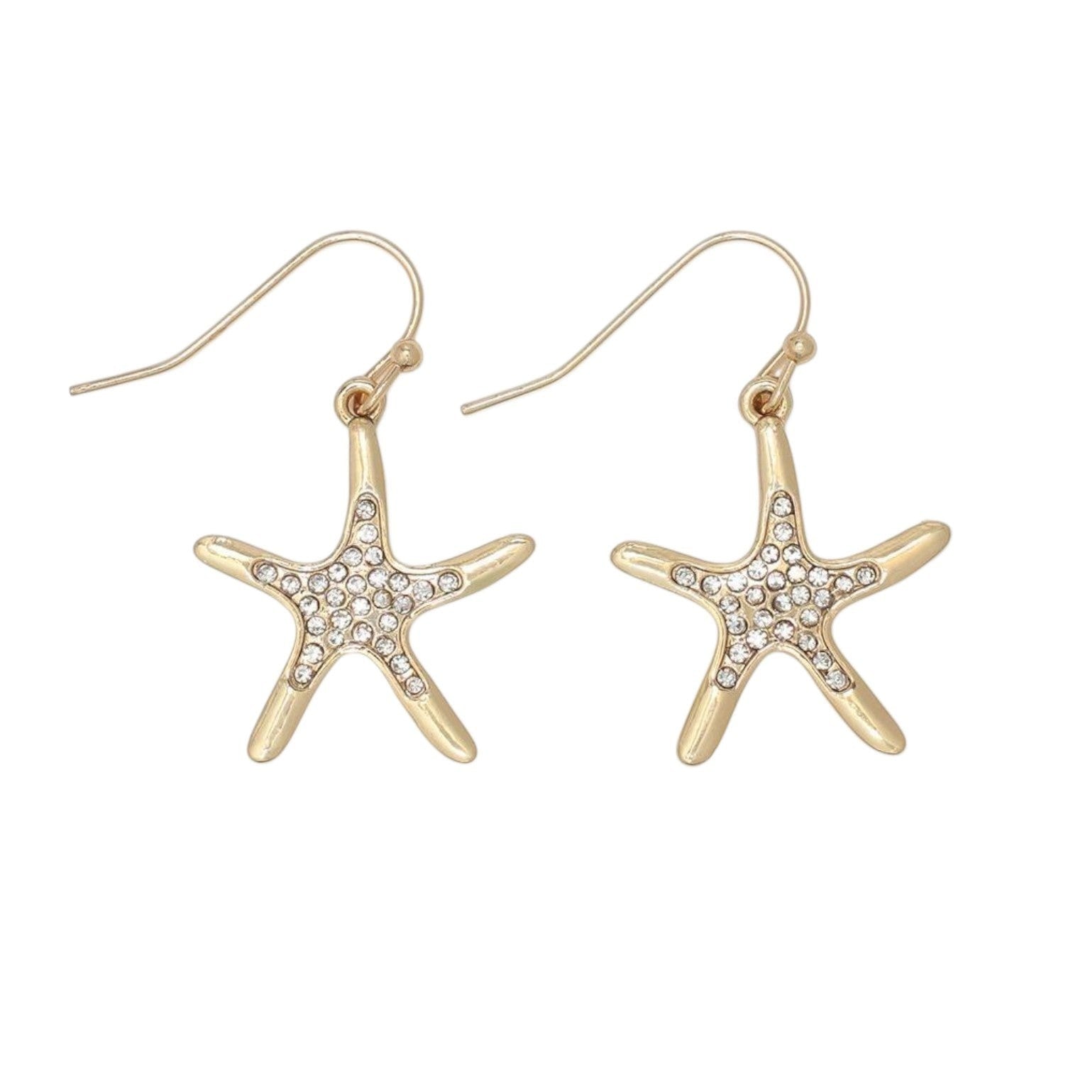 Mellow Monkey gold starfish earrings featuring clear crystal accents on a hook back, perfect for coastal style.