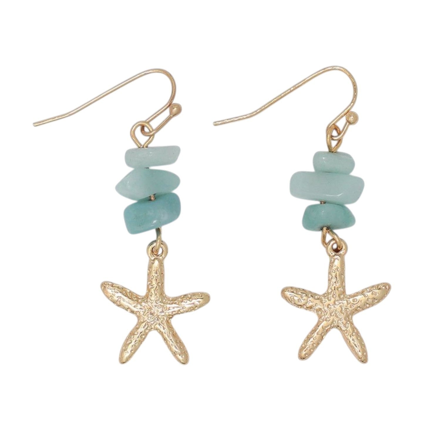 Mellow Monkey gold starfish drop earrings with light blue semiprecious stone beads for a coastal beach look.