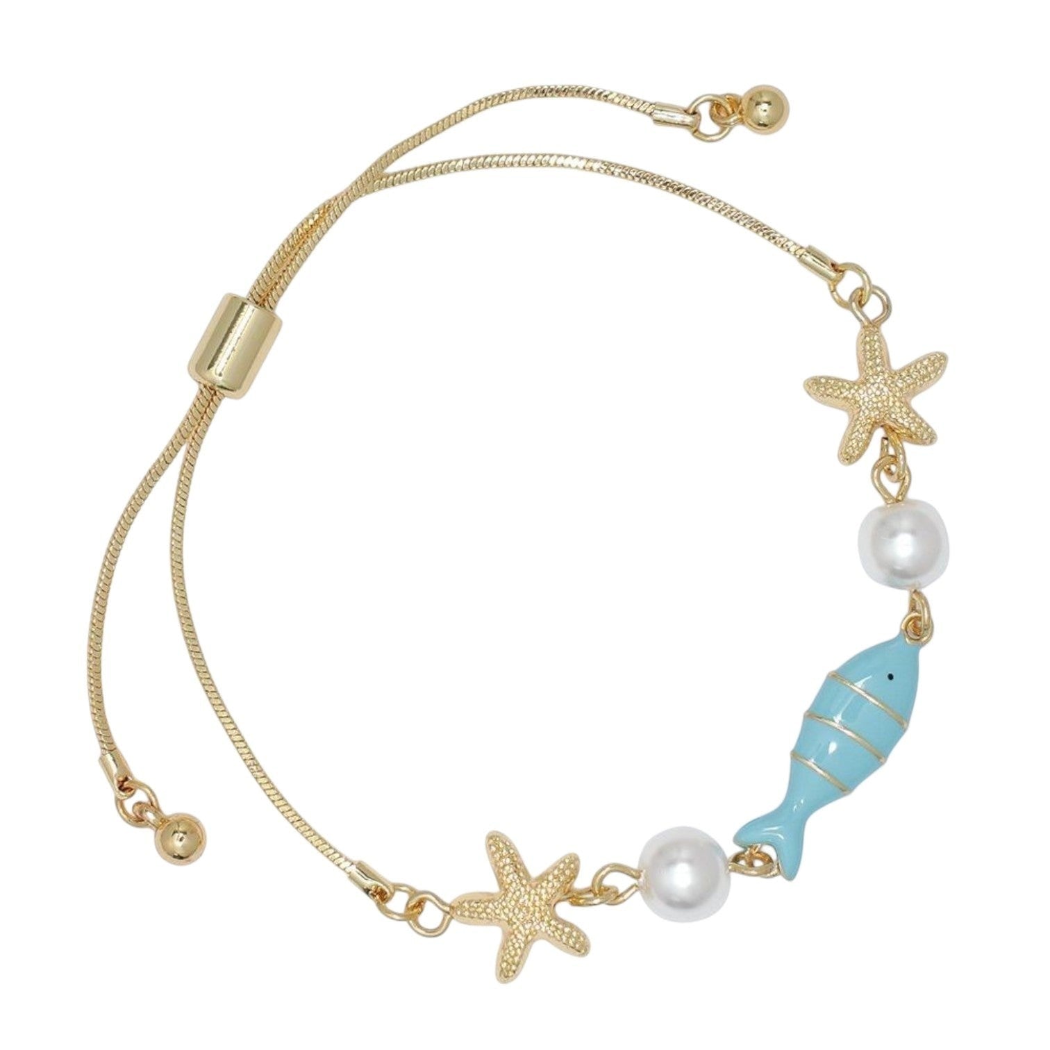 Mellow Monkey gold-tone adjustable bracelet featuring starfish, white pearls, and an aqua blue enamel fish charm.