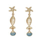 Mellow Monkey textured gold starfish and fish drop earrings with blue shell accents for a coastal beachy style.