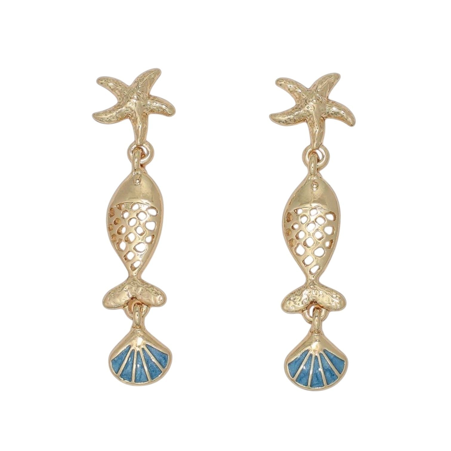 Mellow Monkey textured gold starfish and fish drop earrings with blue shell accents for a coastal beachy style.
