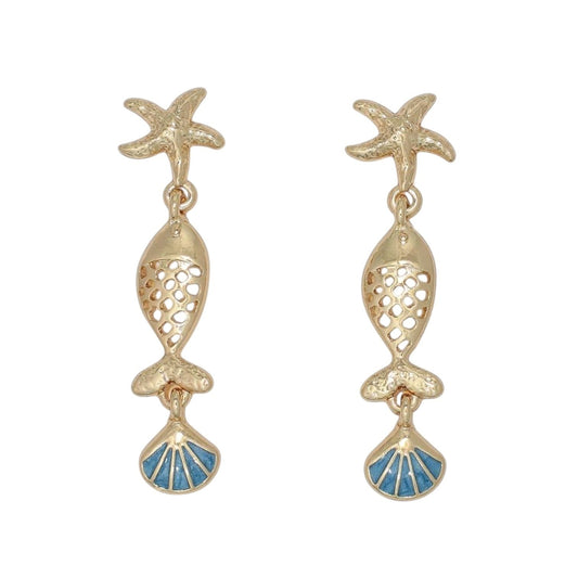 Mellow Monkey textured gold starfish and fish drop earrings with blue shell accents for a coastal beachy style.