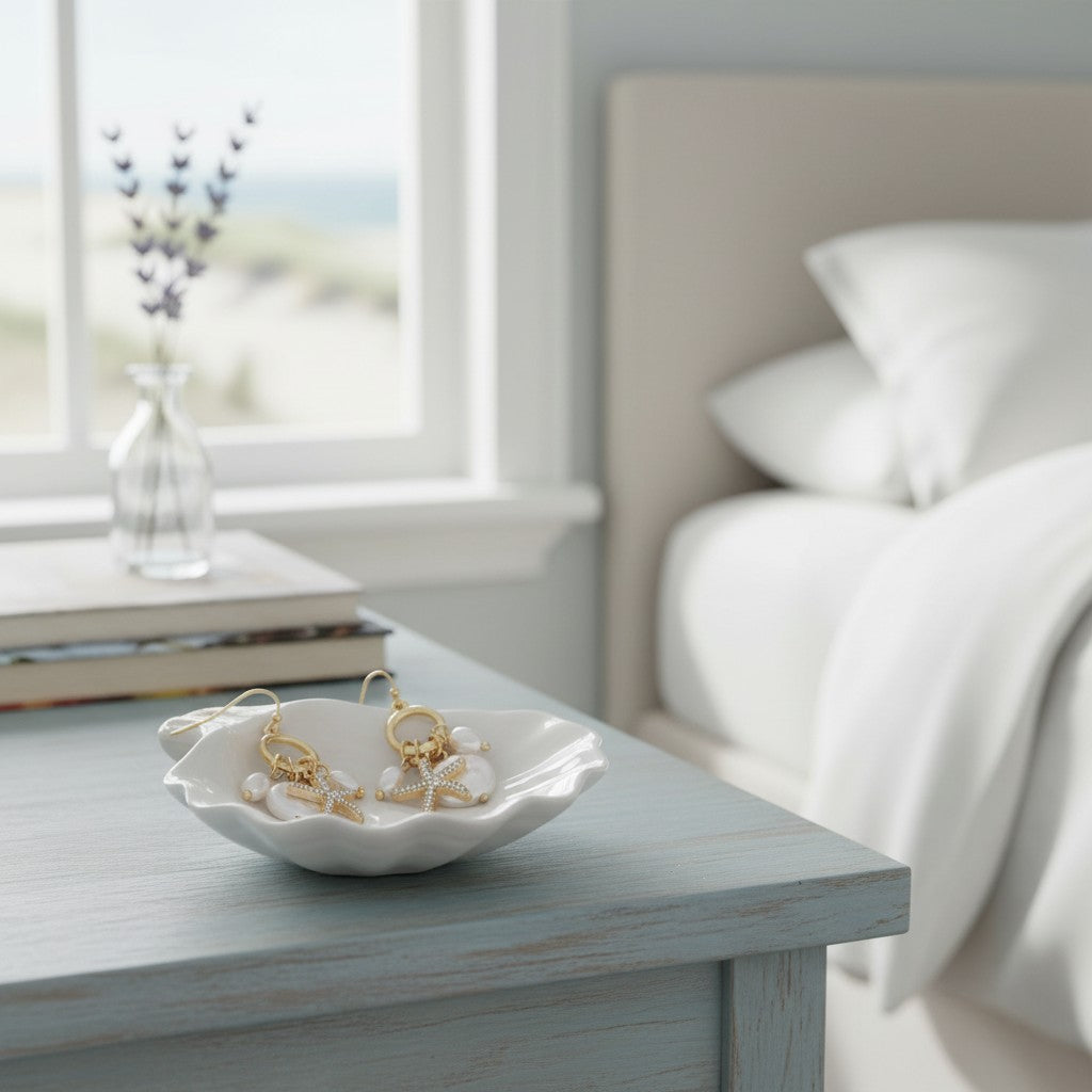 Mellow Monkey gold starfish and pearl dangle earrings resting in a white shell dish on a coastal bedroom nightstand.