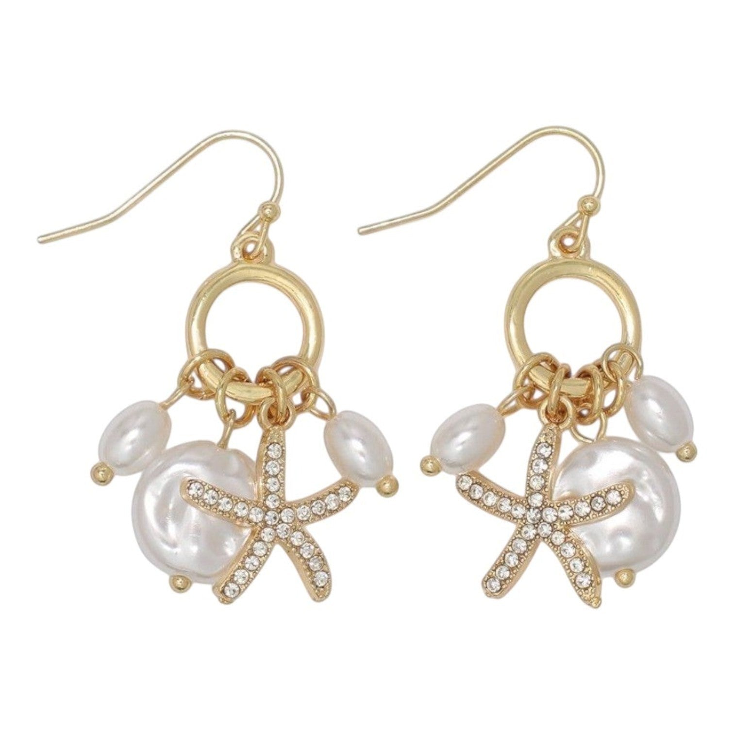 Mellow Monkey gold starfish earrings with white pearls and crystal accents on a hook backing for coastal style.