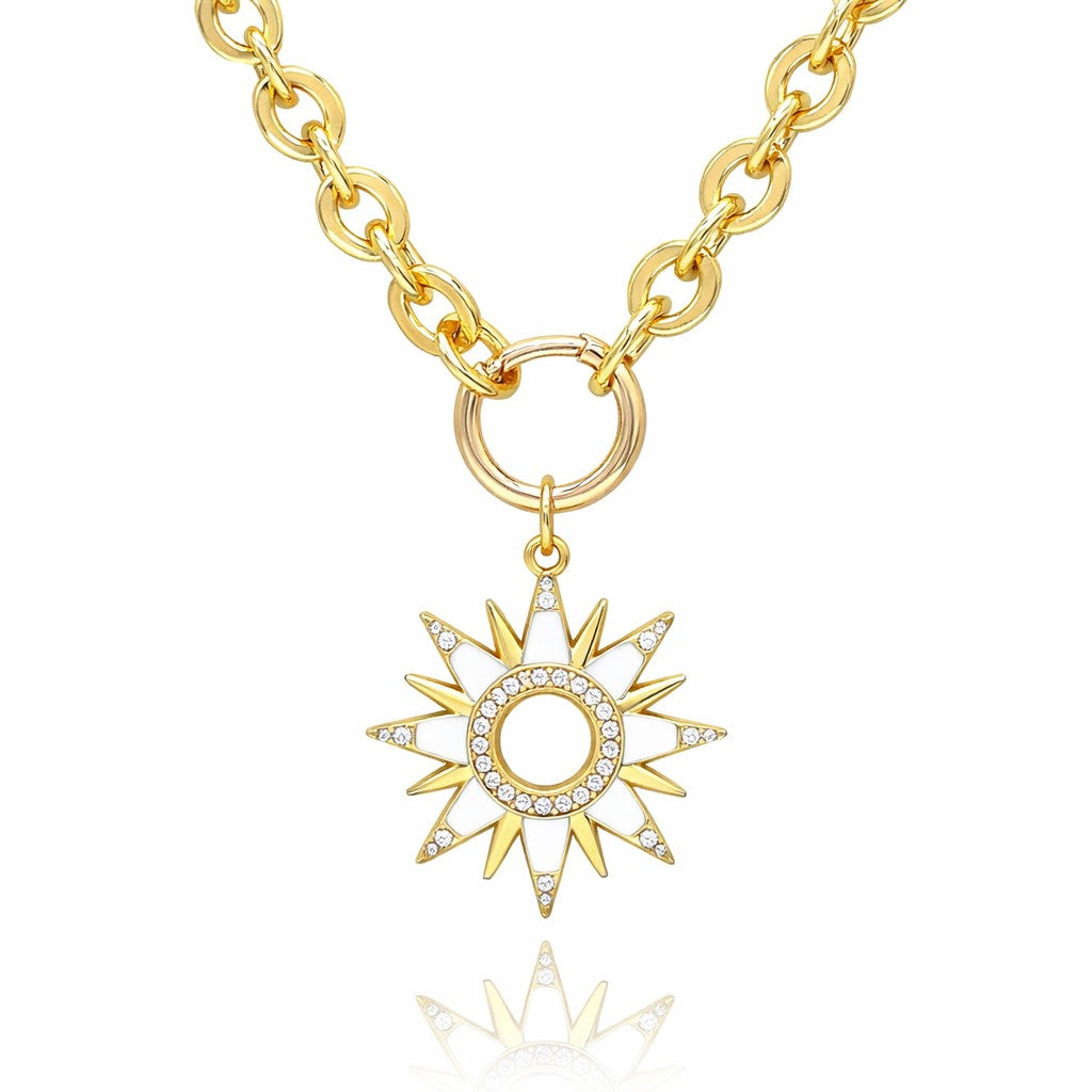 Mellow Monkey gold plated sun pendant necklace with cubic zirconia and white enamel details on a chunky chain.
