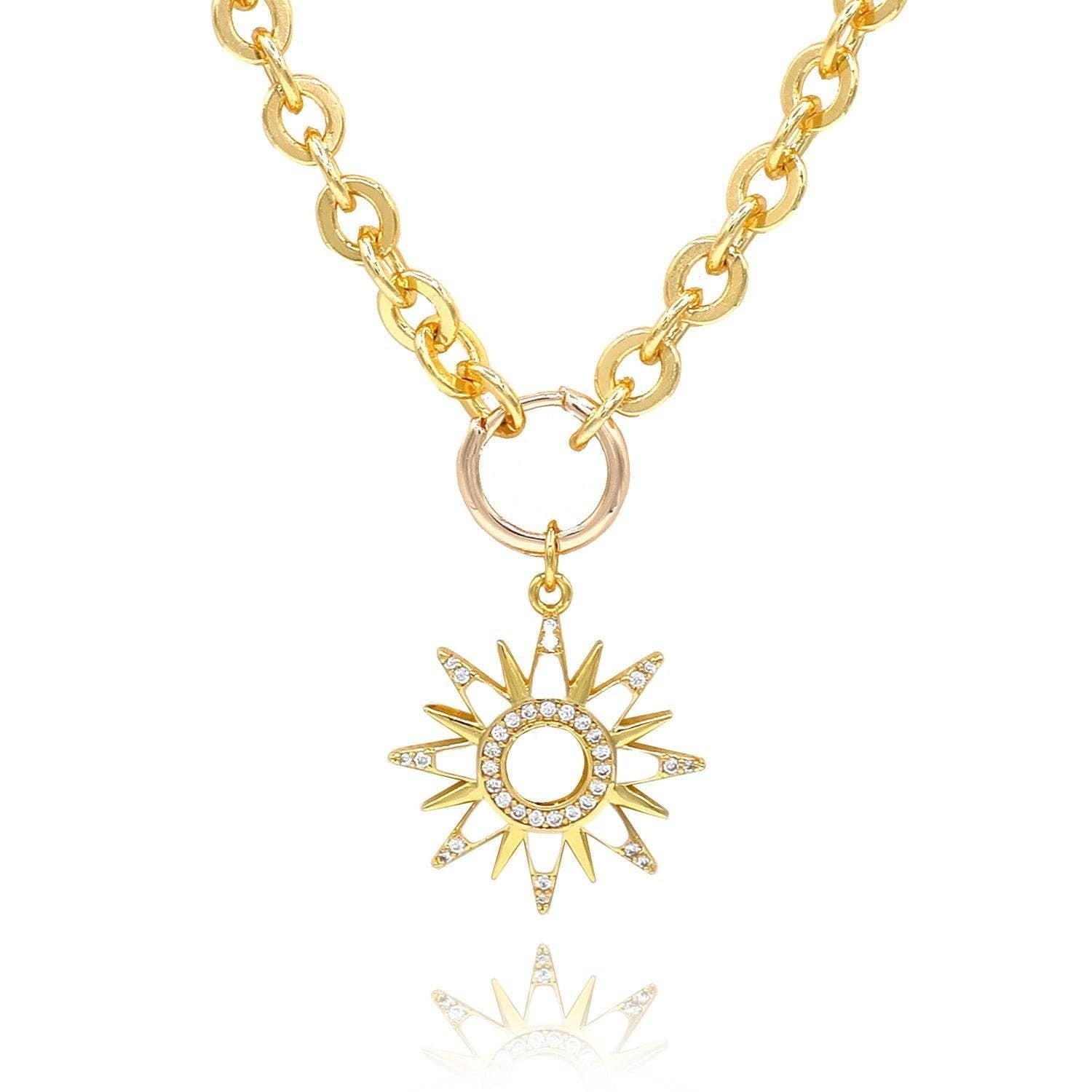 Mellow Monkey gold plated sun pendant necklace with cubic zirconia accents and a chunky chain. Handmade in USA.