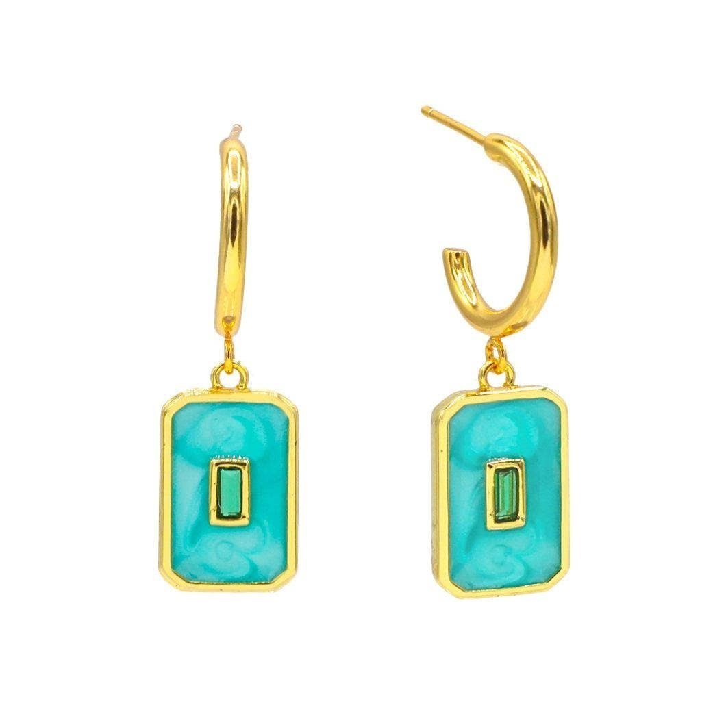 Mellow Monkey 18k gold plated hoop earrings with rectangular teal enamel and a small green cubic zirconia accent.