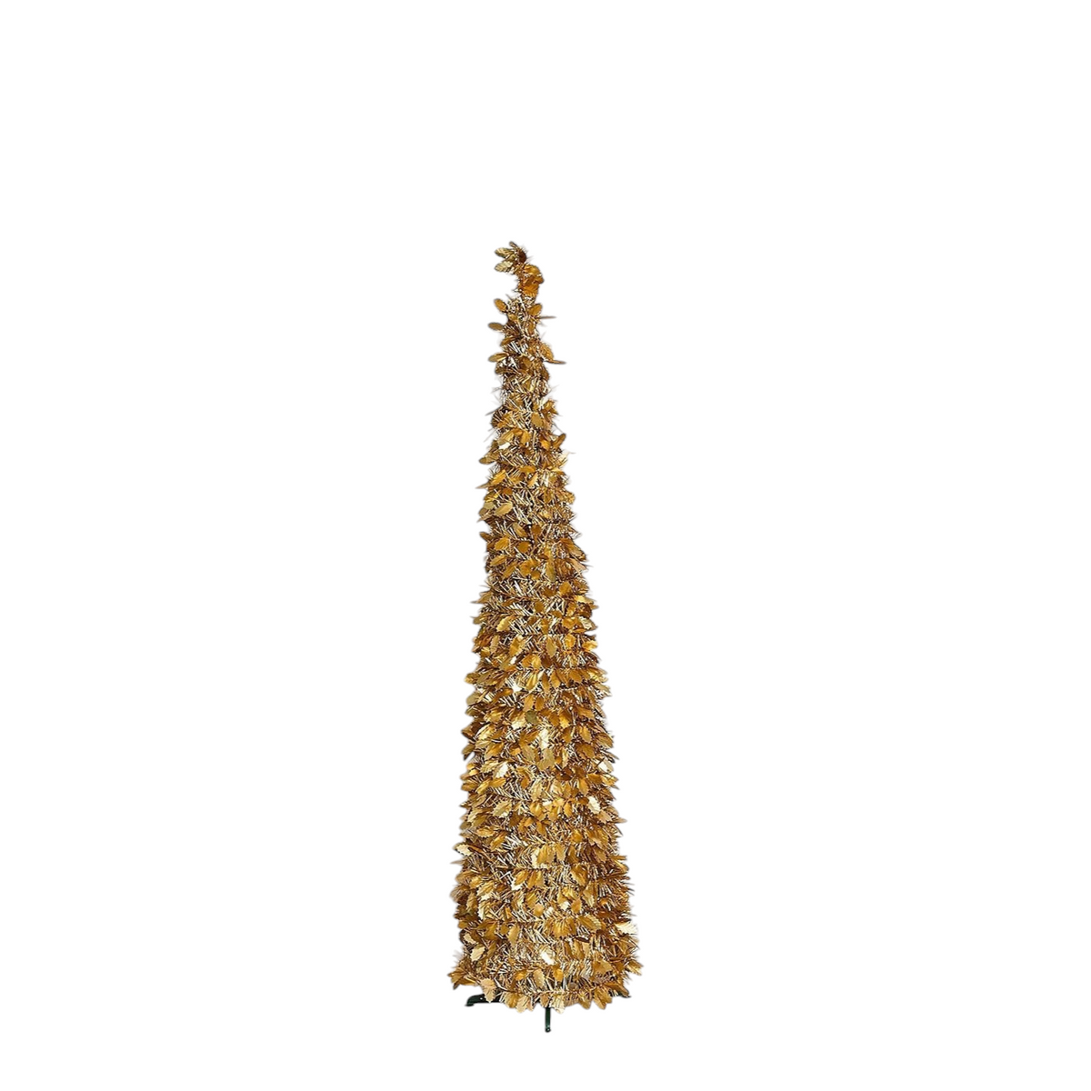 Mellow Monkey gold tinsel collapsible Christmas tree with holly accents for festive holiday home decor.