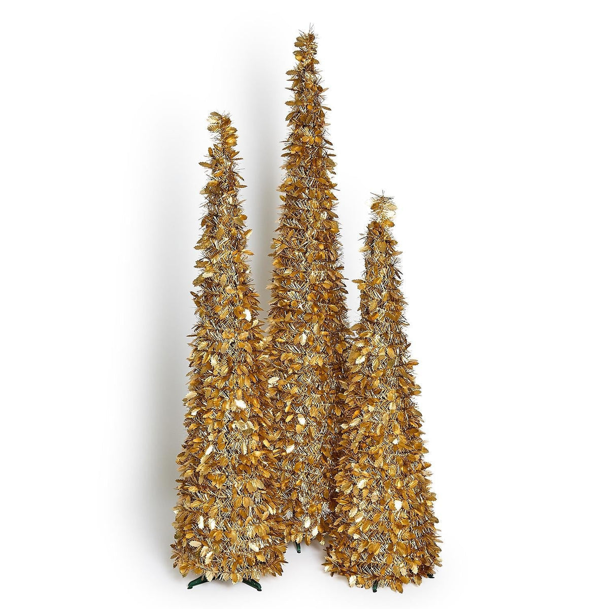 Mellow Monkey gold tinsel collapsible Christmas trees with holly accents in three different heights