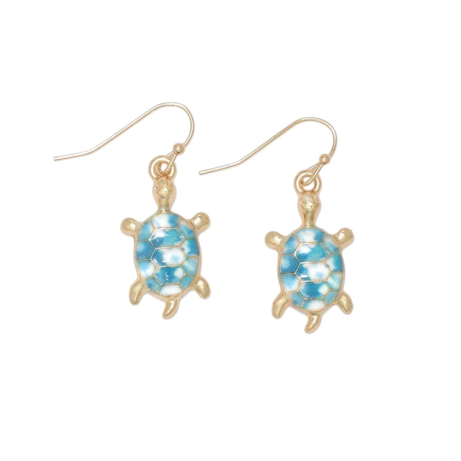 Mellow Monkey gold-tone turtle earrings featuring blue marble enamel shells on hook backings for coastal style.