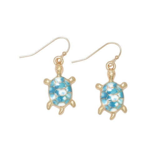 Mellow Monkey gold-tone turtle earrings featuring blue marble enamel shells on hook backings for coastal style.