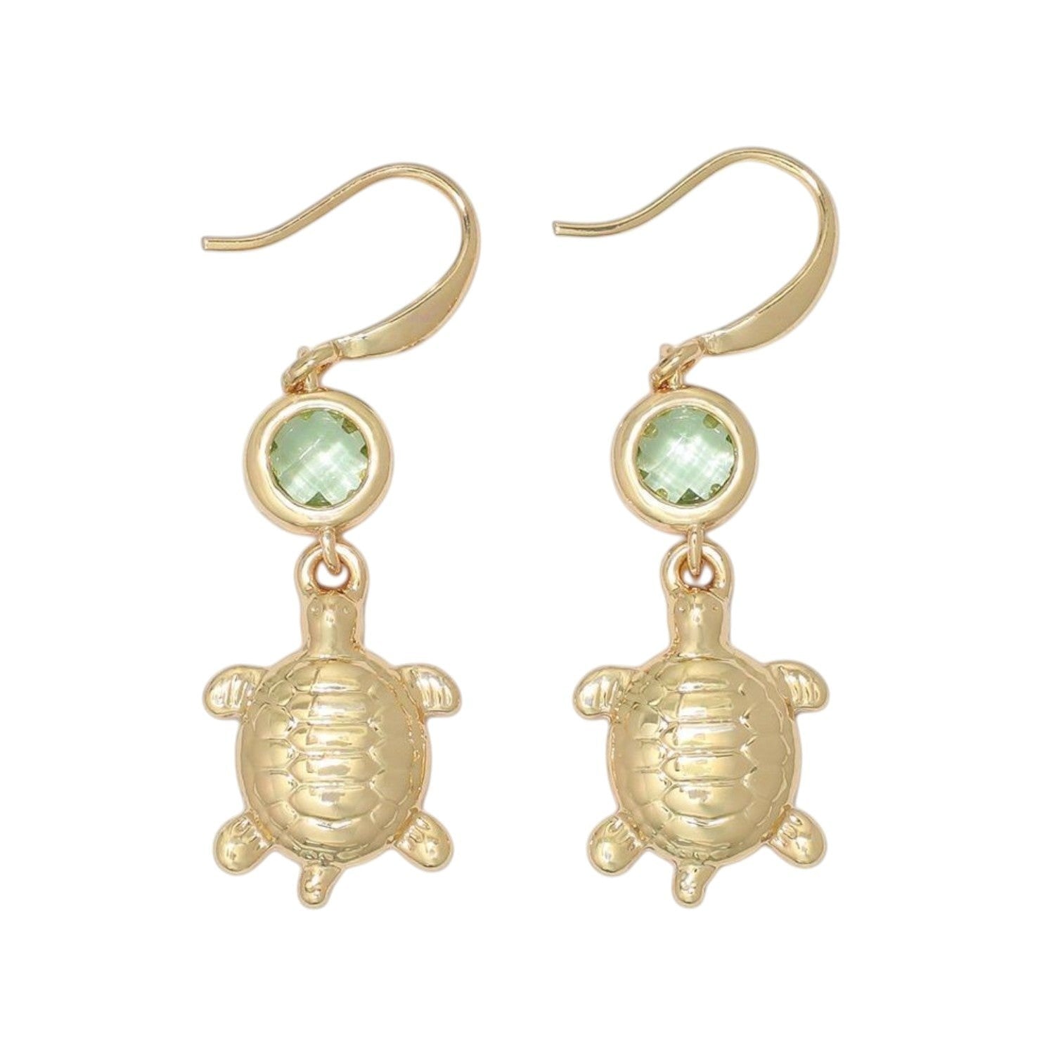 Mellow Monkey gold turtle drop earrings featuring a round green crystal accent, nickel-free coastal jewelry.