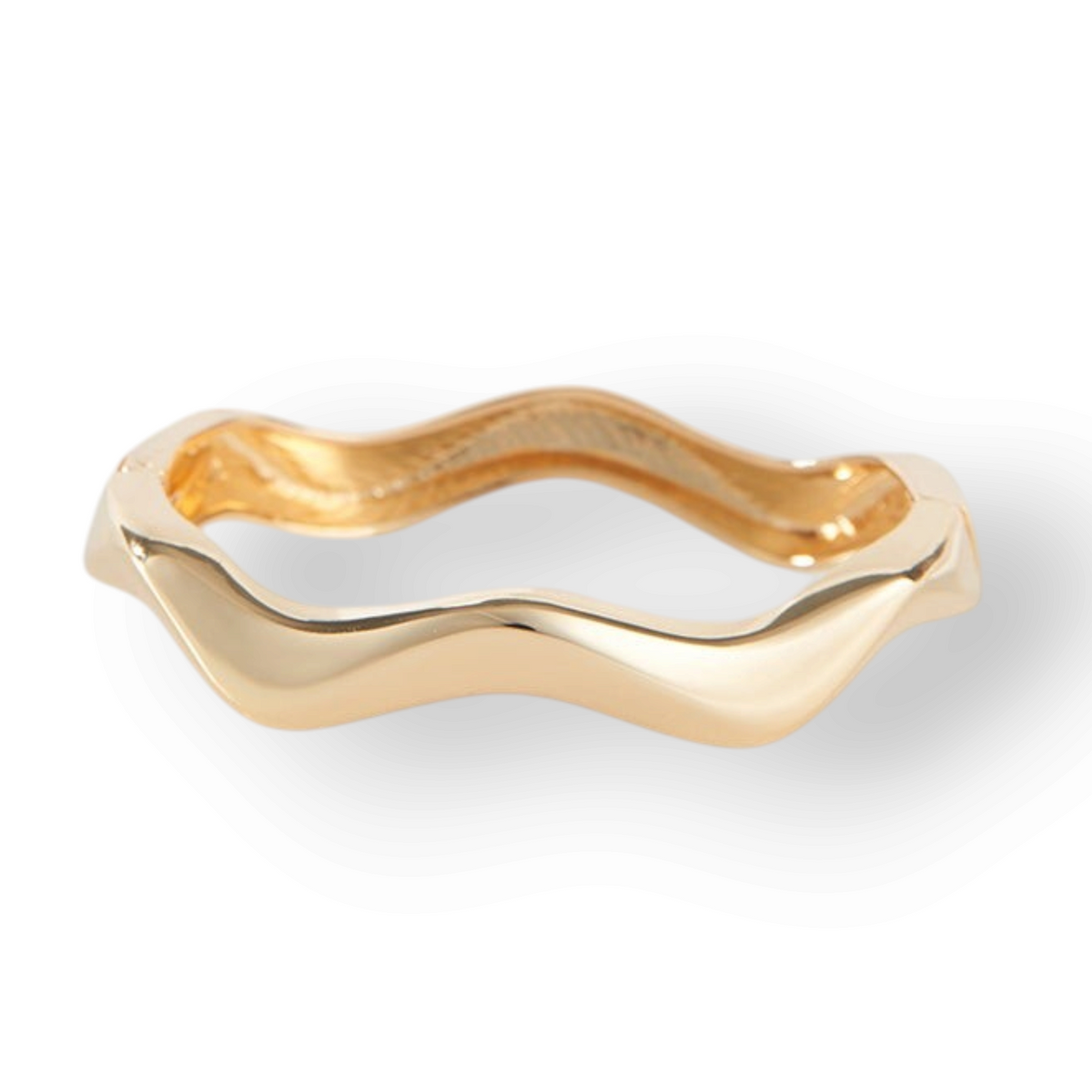 Mellow Monkey Lumi gold hinged cuff bracelet with a smooth wave silhouette design for elegant stacking.