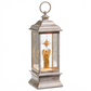 Mellow Monkey white lantern featuring a golden angel and star with swirling glitter and interior LED lighting.