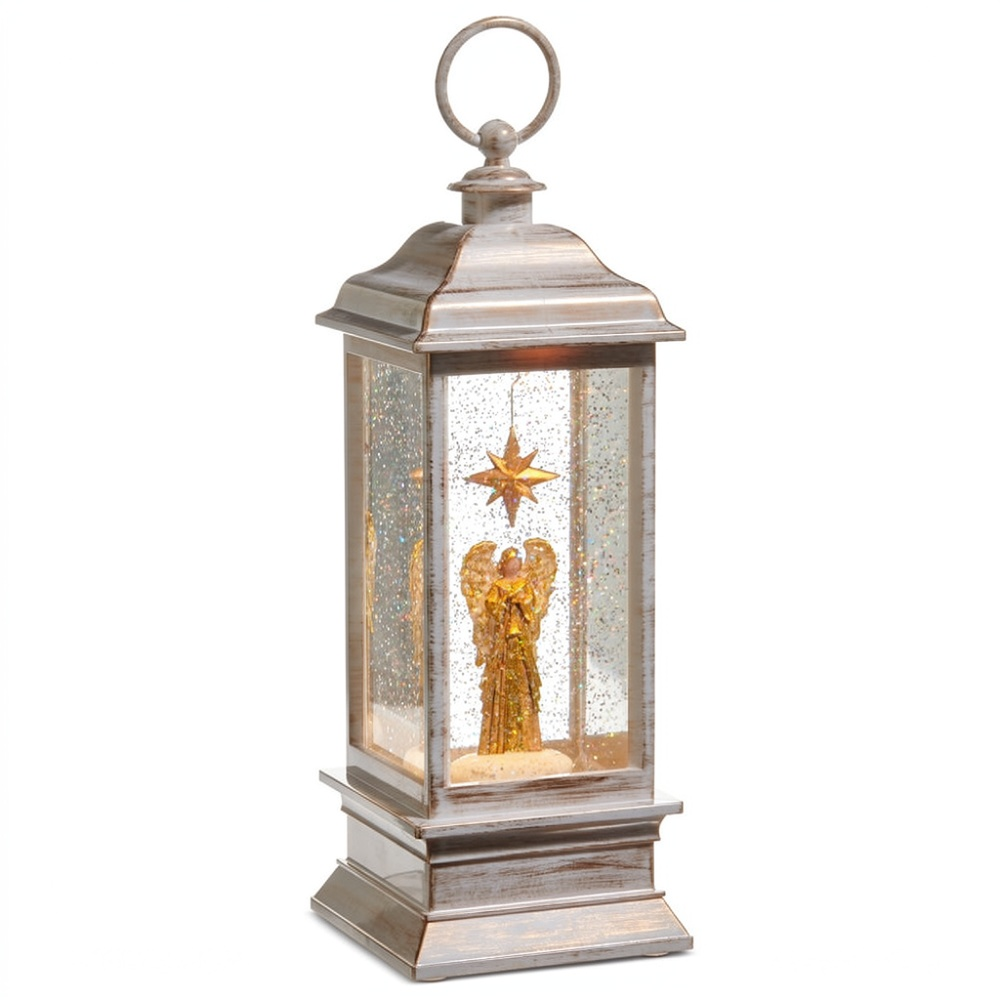 Mellow Monkey white lantern featuring a golden angel and star with swirling glitter and interior LED lighting.